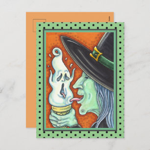 WITCH EATING SCREAMING ICE CREAM CONE, HALLOWEEN H HOLIDAY POSTCARD