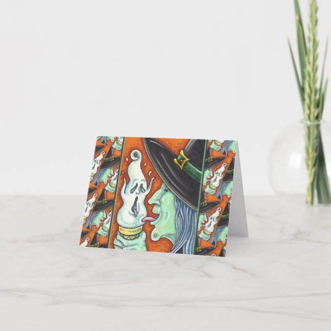 WITCH EATING SCREAMING ICE CREAM CONE, HALLOWEEN HOLIDAY CARD (Front)