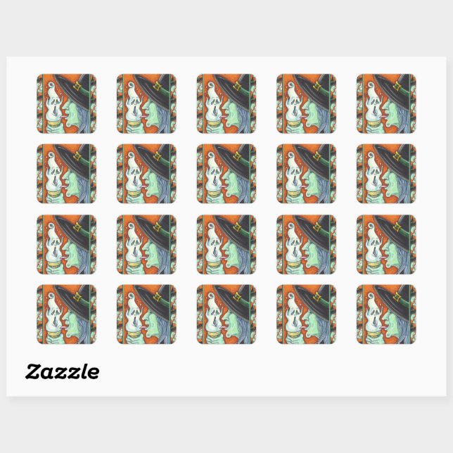 WITCH EATING SCREAMING ICE CREAM CONE, HALLOWEEN SQUARE STICKER (Sheet)