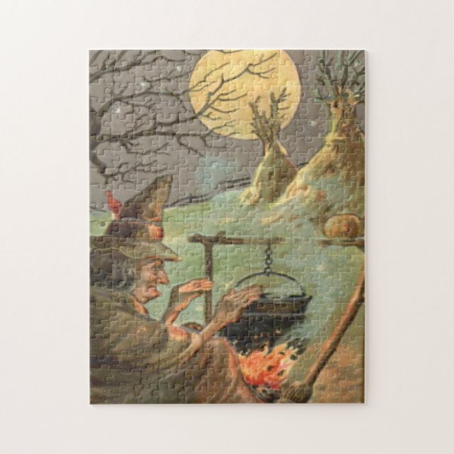 Witch Fire Cauldron Full Moon Night Jigsaw Puzzle (Vertical)