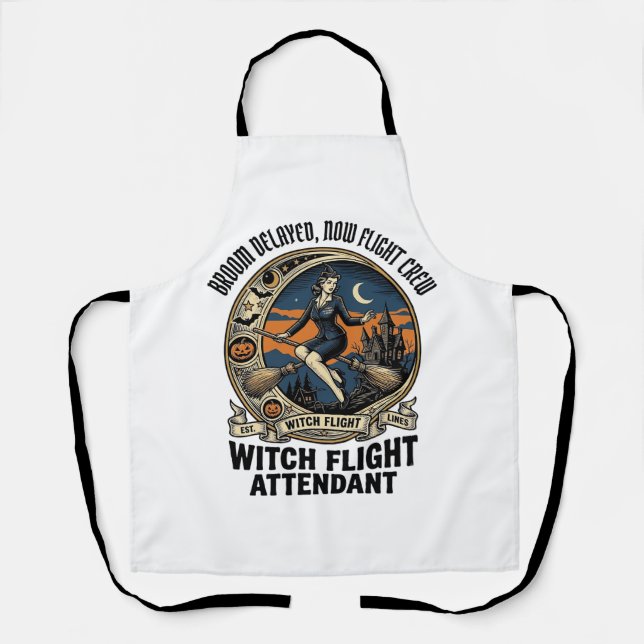 Witch flight attendant Halloween broom broke desig Apron (Front)