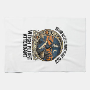 Witch flight attendant Halloween broom broke desig Tea Towel