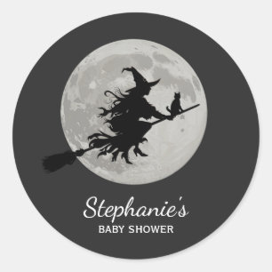 Witch Flying Across a Full Moon baby shower Classic Round Sticker