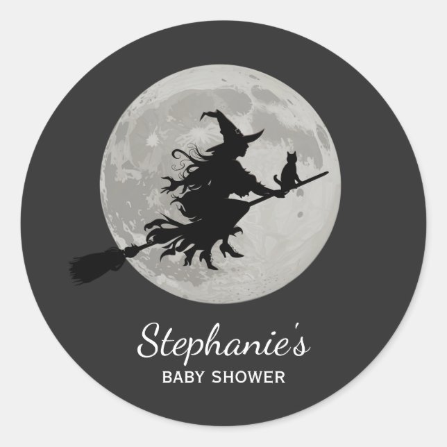 Witch Flying Across a Full Moon baby shower    Classic Round Sticker (Front)