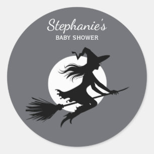 Witch Flying Across a Full Moon baby shower Classic Round Sticker