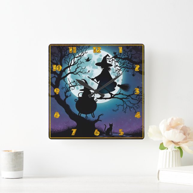 Witch flying at night under a full moon square wall clock (Home)