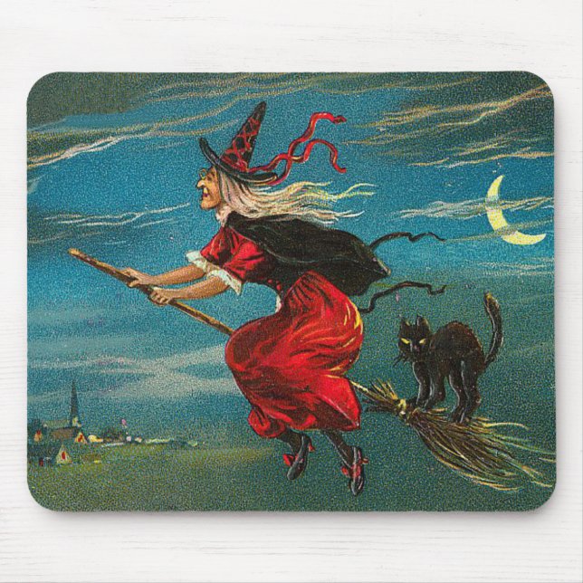 Witch Flying Black Cat Crescent Moon Mouse Mat (Front)