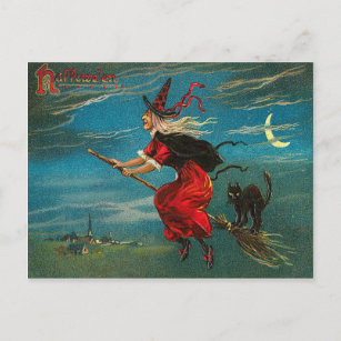 Witch Flying Black Cat Crescent Moon Postcard