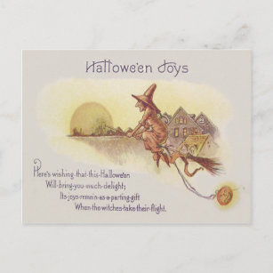 Witch Flying Broom Full Moon Jack O' Lantern Postcard
