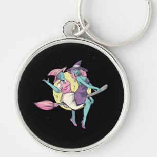 Witch Flying Broom Halloween Design Key Ring