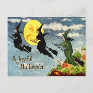 Witch Flying Broom Man In The Moon Sky Postcard