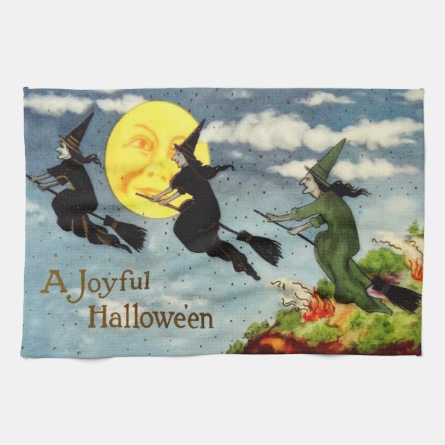 Witch Flying Broom Man In The Moon Sky Tea Towel (Horizontal)