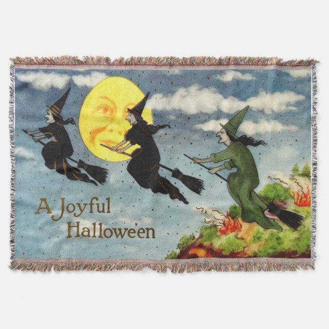 Witch Flying Broom Man In The Moon Sky Throw Blanket (Front)
