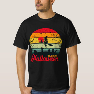 Witch Flying Broom with Cat Happy Halloween T-Shirt