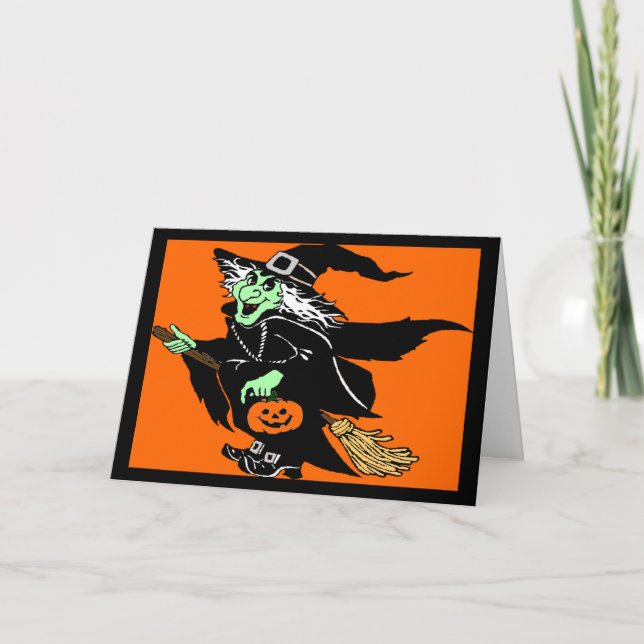 Witch Flying Halloween Cartoon Card (Front)