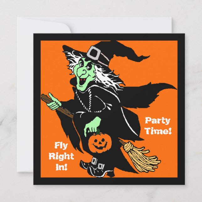 Witch Flying Halloween Cartoon Invitation (Front)