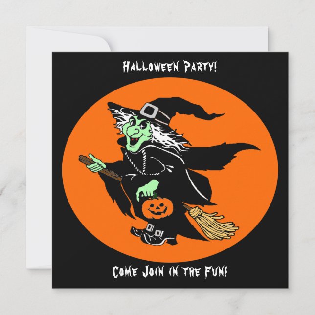Witch Flying Halloween Cartoon Invitation Card (Front)