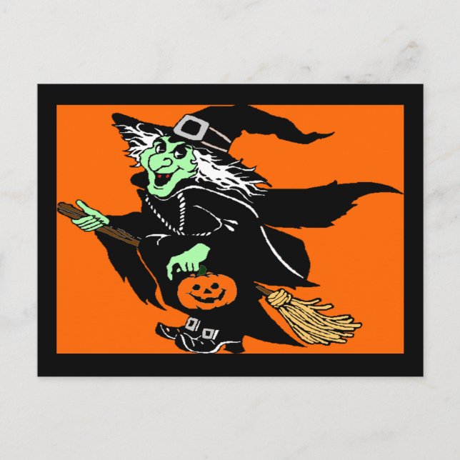 Witch Flying Halloween Cartoon Postcard (Front)