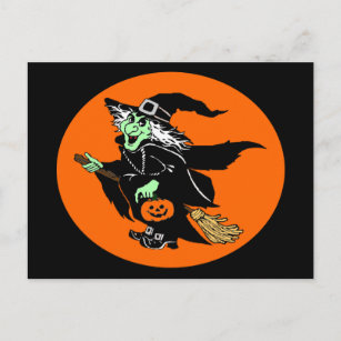 Witch Flying Halloween Oval Cartoon Postcard