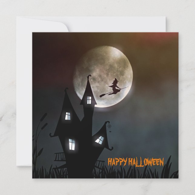 Witch Flying Happy Halloween Personalised Card (Front)