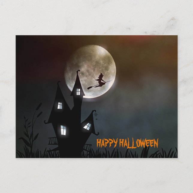 Witch Flying Happy Halloween Personalised Postcard (Front)