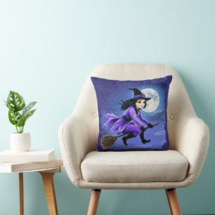 Witch flying of a broom - Wicca Halloween 1 Cushion