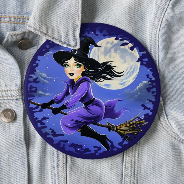 Witch flying of a broom - Wicca Halloween 7 6 Cm Round Badge (In Situ)