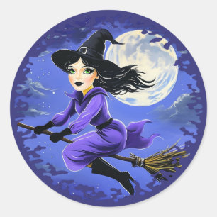 Witch flying of a broom - Wicca Halloween 7 Classic Round Sticker