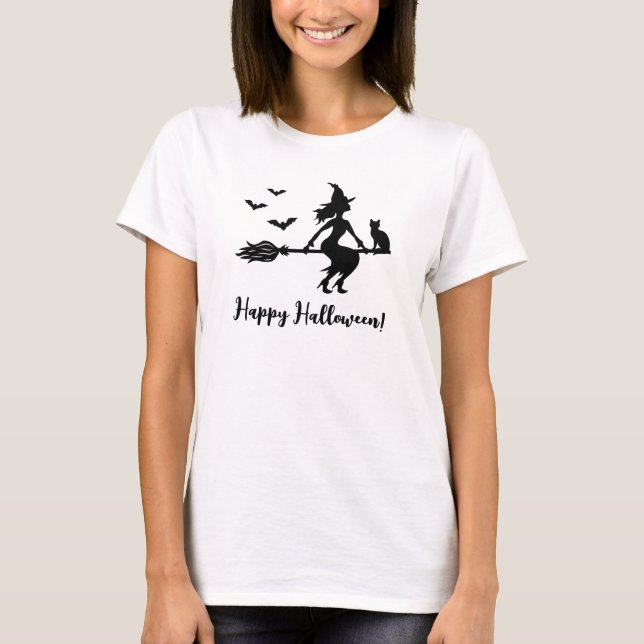 Witch Flying On A Broom Happy Halloween Text T-Shirt (Front)