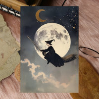 Witch Flying on Broom Across Full Moon