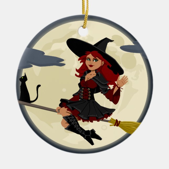 Witch Flying on Broom Ceramic Tree Decoration (Front)