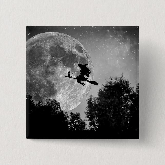 Witch flying on the broom with her cat 15 cm square badge (Front)