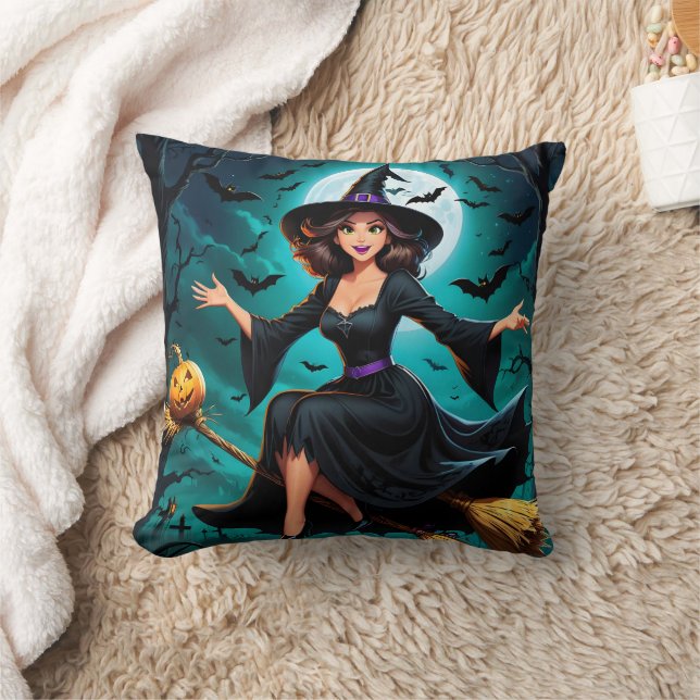 Witch flying over a moonlit graveyard with bats cushion (Blanket)