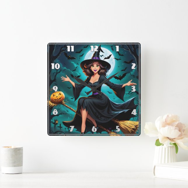 Witch flying over a moonlit graveyard with bats square wall clock (Home)