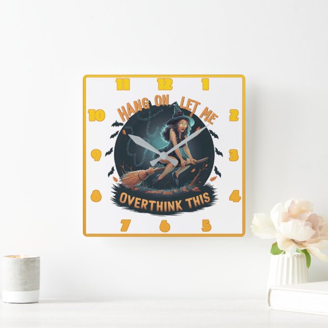 Witch flying with a broomstick on Halloween night Square Wall Clock (Home)