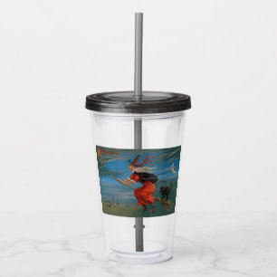 Witch Flying with Black Cat on Halloween Night  Acrylic Tumbler