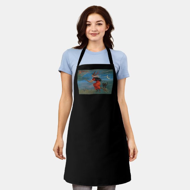 Witch Flying with Black Cat on Halloween Night  Apron (Worn)