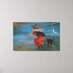 Witch Flying with Black Cat on Halloween Night  Canvas Print