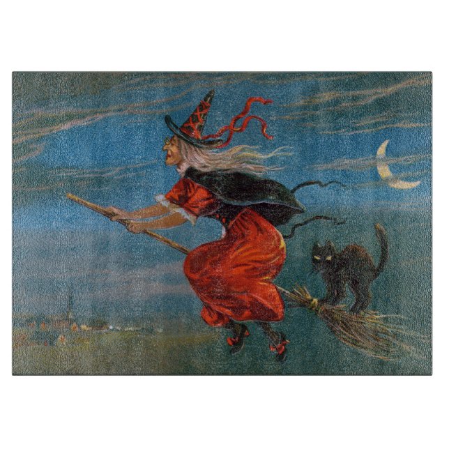 Witch Flying with Black Cat on Halloween Night  Cutting Board (Front)