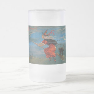 Witch Flying with Black Cat on Halloween Night  Frosted Glass Beer Mug