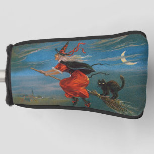 Witch Flying with Black Cat on Halloween Night Golf Head Cover