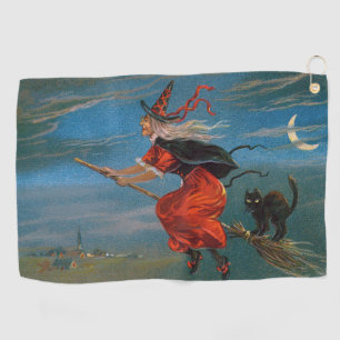 Witch Flying with Black Cat on Halloween Night Golf Towel