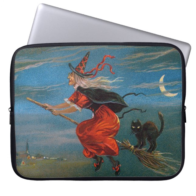 Witch Flying with Black Cat on Halloween Night  Laptop Sleeve (Front)