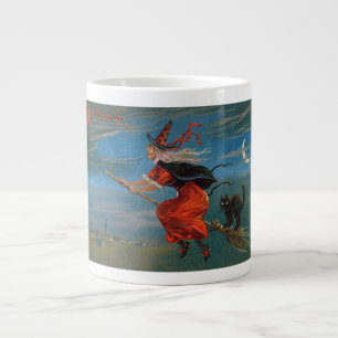Witch Flying with Black Cat on Halloween Night  Large Coffee Mug
