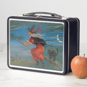 Witch Flying with Black Cat on Halloween Night  Metal Lunch Box