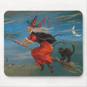 Witch Flying with Black Cat on Halloween Night Mouse Mat