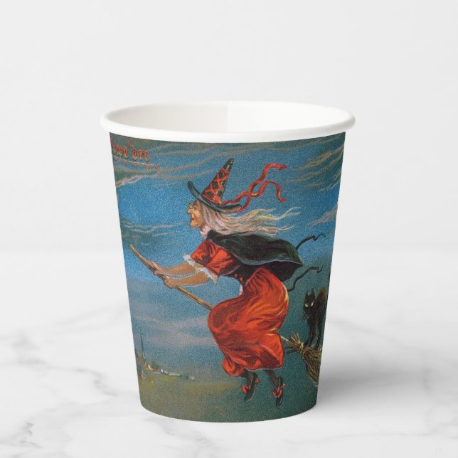 Witch Flying with Black Cat on Halloween Night  Paper Cups (Left)