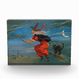 Witch Flying with Black Cat on Halloween Night  Photo Block