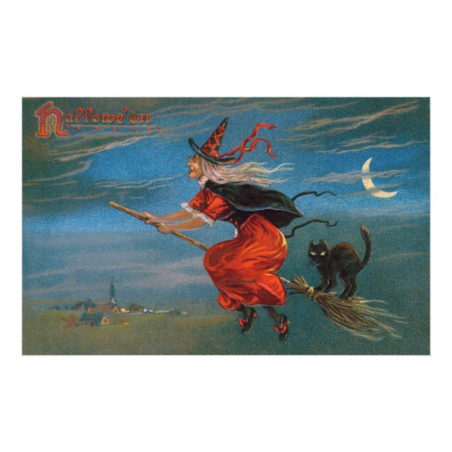 Witch Flying with Black Cat on Halloween Night  Photo Print (Front)