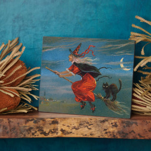 Witch Flying with Black Cat on Halloween Night  Plaque